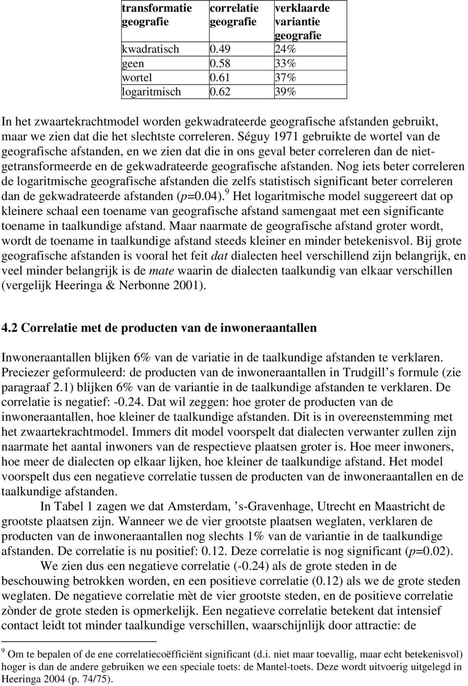 Séguy 1971 gebruikte de wortel van de geografische afstanden, en we zien dat die in ons geval beter correleren dan de nietgetransformeerde en de gekwadrateerde geografische afstanden.