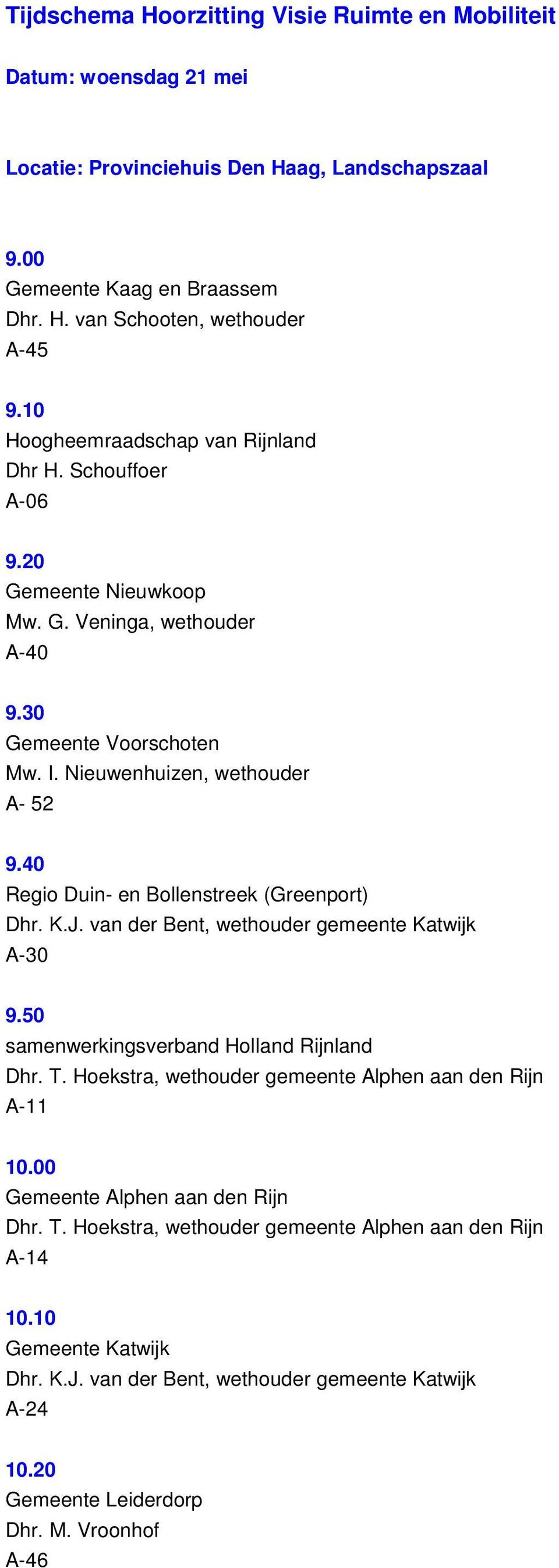 40 Regio Duin- en Bollenstreek (Greenport) Dhr. K.J. van der Bent, wethouder gemeente Katwijk A-30 9.50 samenwerkingsverband Holland Rijnland Dhr. T.