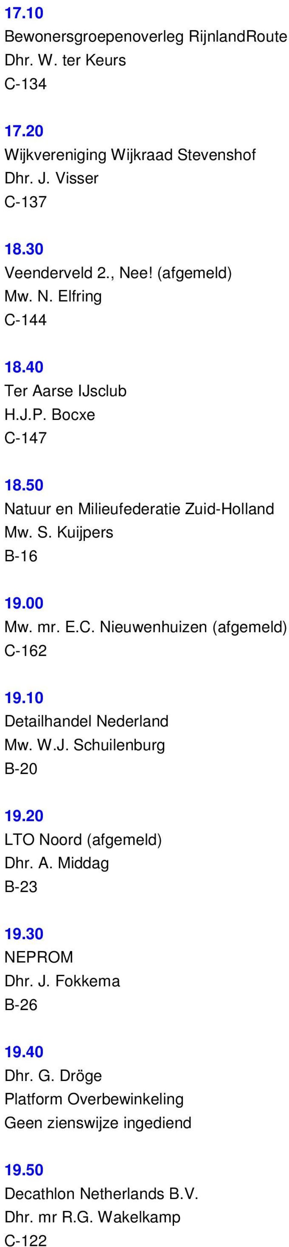 S. Kuijpers B-16 19.00 Mw. mr. E.C. Nieuwenhuizen (afgemeld) C-162 19.10 Detailhandel Nederland Mw. W.J. Schuilenburg B-20 19.