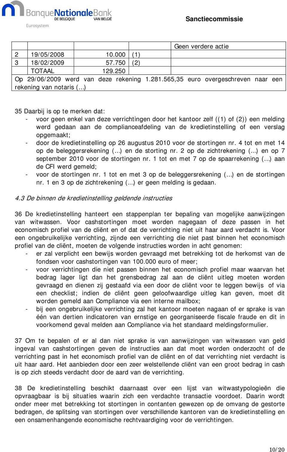 complianceafdeling van de kredietinstelling of een verslag opgemaakt; - door de kredietinstelling op 26 augustus 2010 voor de stortingen nr.