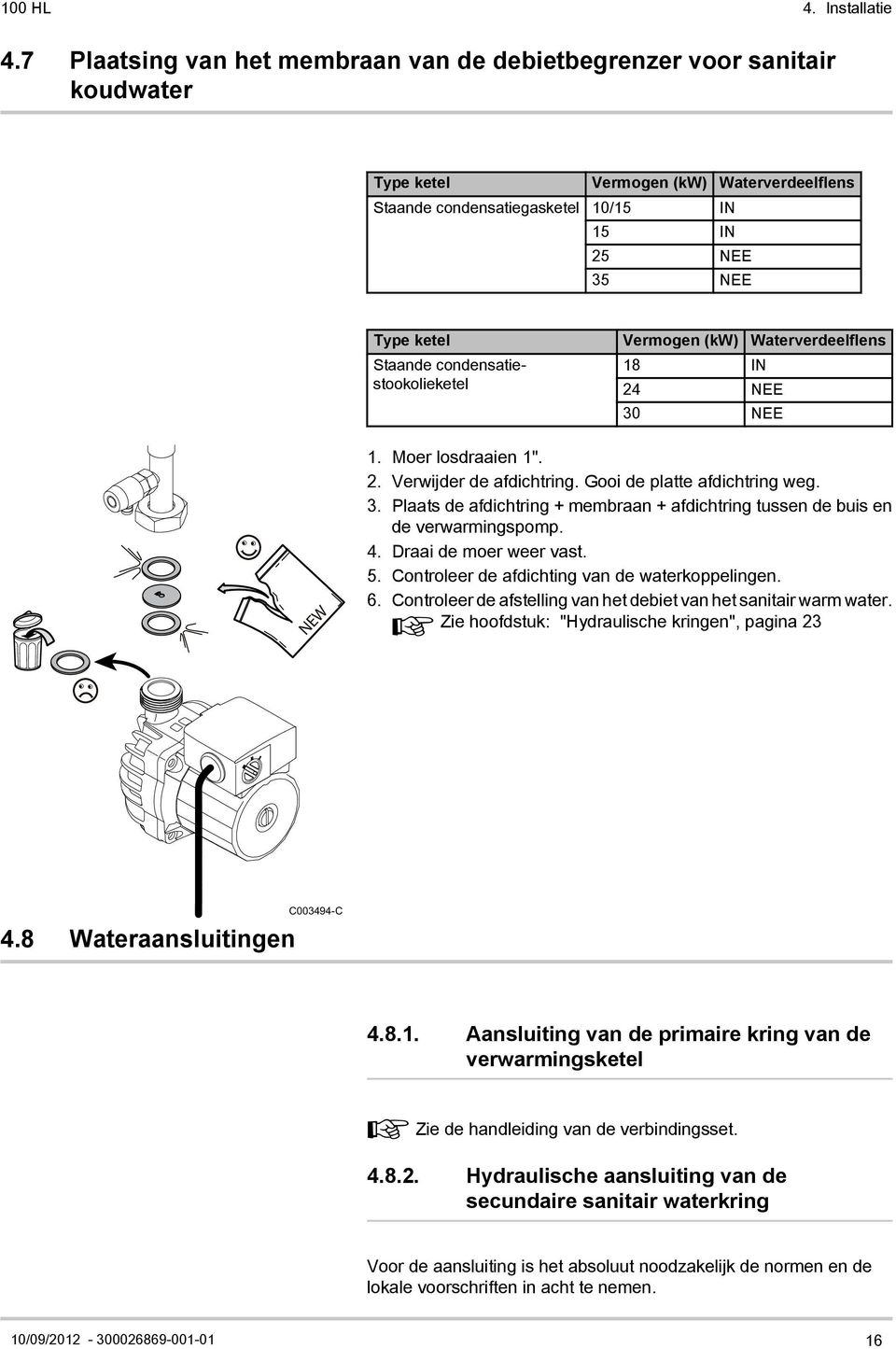 (kw) Waterverdeelflens Staande condensatiestookolieketel 18 IN 24 NEE 30 NEE NEW 1. Moer losdraaien 1". 2. Verwijder de afdichtring. Gooi de platte afdichtring weg. 3. Plaats de afdichtring + membraan + afdichtring tussen de buis en de verwarmingspomp.