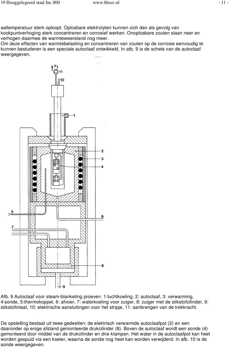 Om deze effecten van warmtebelasting en concentreren van zouten op de corrosie eenvoudig te kunnen bestuderen is een speciale autoclaaf ontwikkeld. In atb. 9 is de schets van de autoclaaf weergegeven.