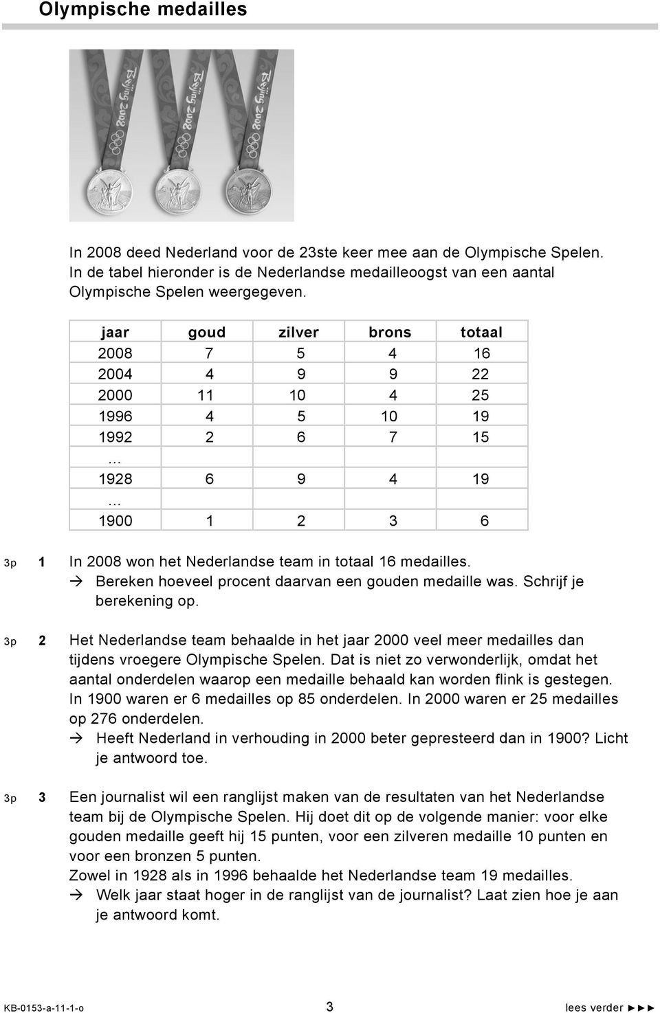 Bereken hoeveel procent daarvan een gouden medaille was. Schrijf je berekening op. 3p 2 Het Nederlandse team behaalde in het jaar 2000 veel meer medailles dan tijdens vroegere Olympische Spelen.