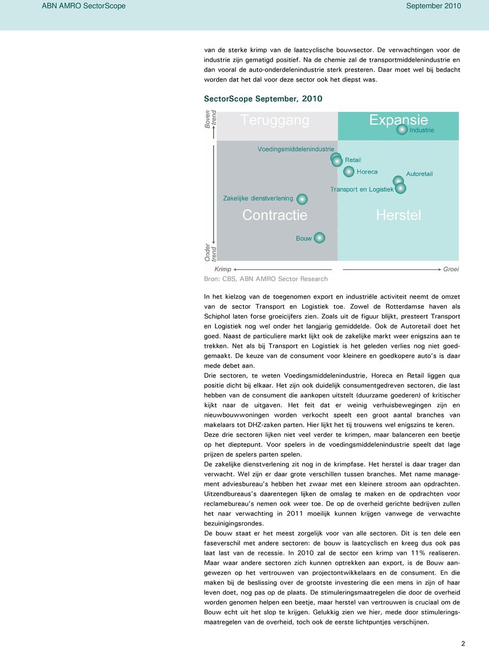 SectorScope September, 2010, ABN AMRO Sector Research In het kielzog van de toegenomen export en industriële activiteit neemt de omzet van de sector Transport en Logistiek toe.