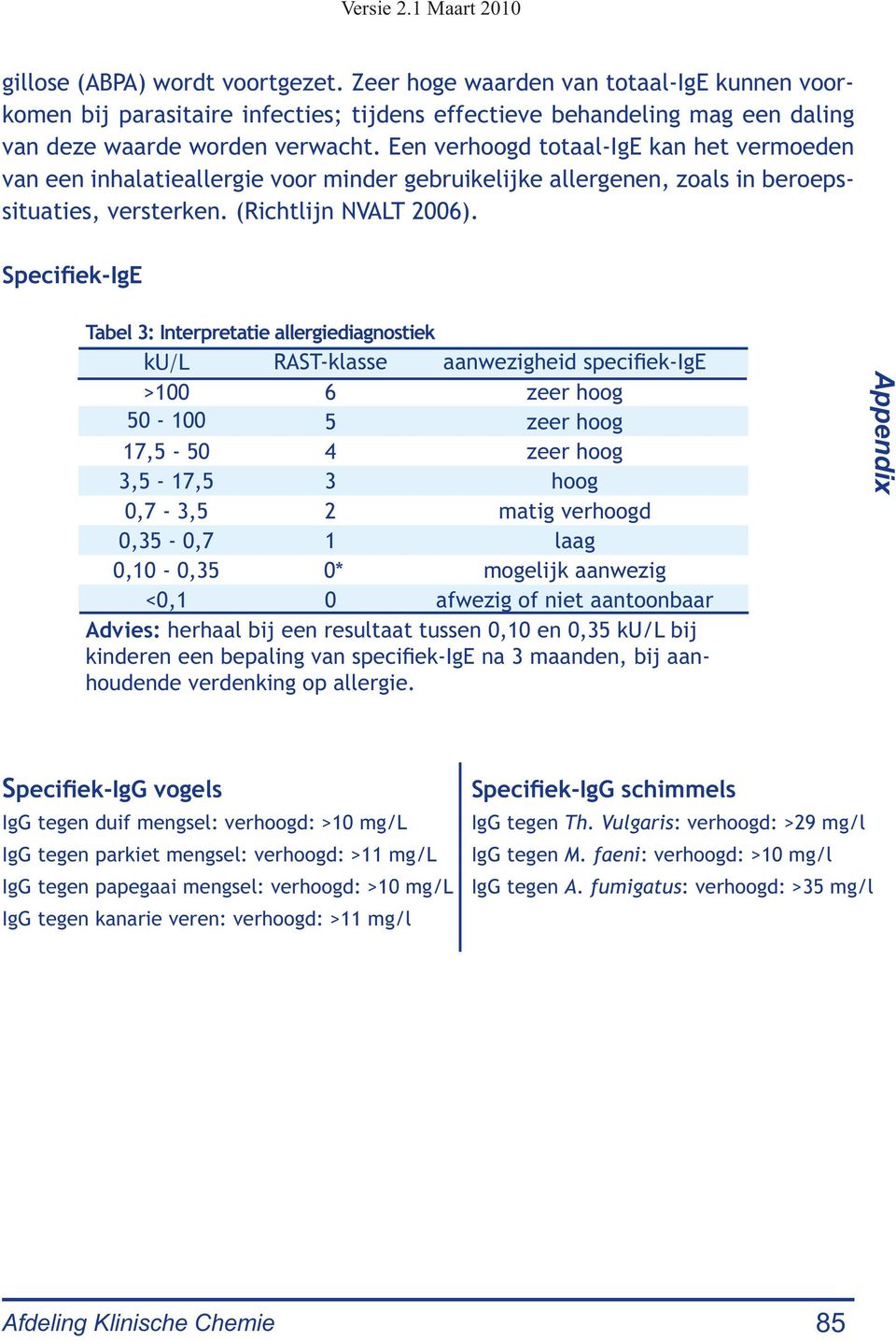 Specifiek-IgE Tabel 3: Interpretatie allergiediagnostiek ku/l RAST-klasse aanwezigheid specifiek-ige 100 6 zeer hoog 50-100 5 zeer hoog 17,5-50 4 zeer hoog 3,5-17,5 3 hoog 0,7-3,5 2 matig verhoogd