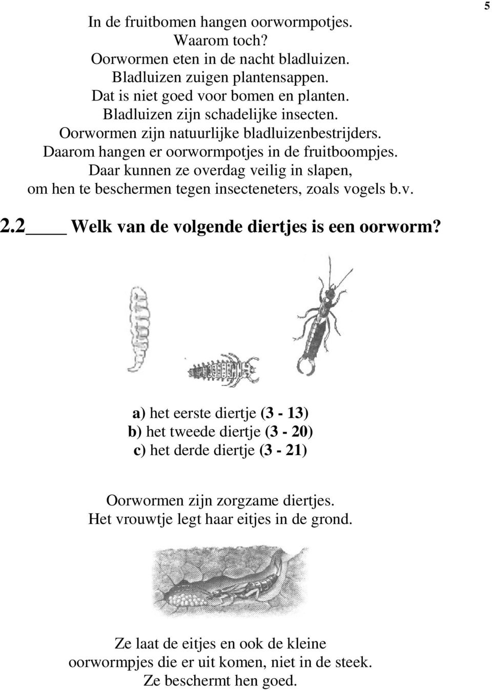 Daar kunnen ze overdag veilig in slapen, om hen te beschermen tegen insecteneters, zoals vogels b.v. 5 2.2 Welk van de volgende diertjes is een oorworm?