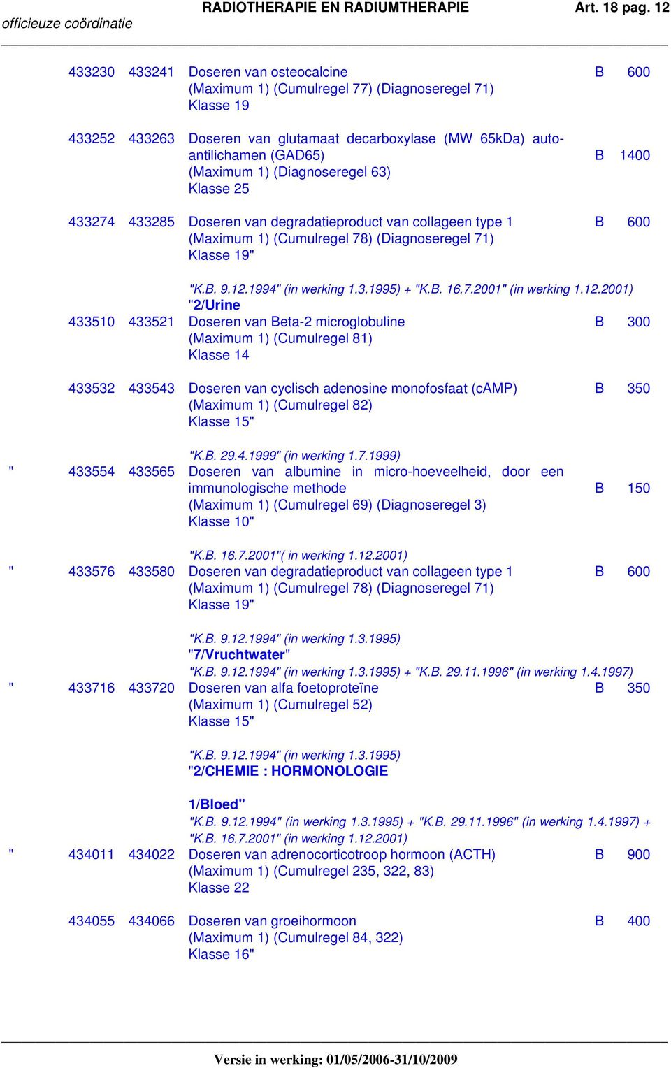 (Maximum 1) (Diagnoseregel 63) Klasse 25 433274 433285 Doseren van degradatieproduct van collageen type 1 B 600 (Maximum 1) (Cumulregel 78) (Diagnoseregel 71) Klasse 19" "K.B. 9.12.