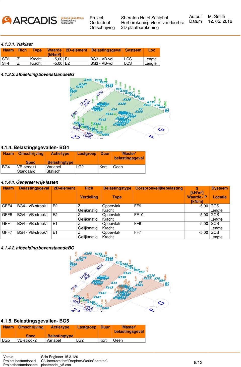 Belastingsgeval 2D-element Rich Belastingstype Oorspronkelijke belasting q Systeem [kn/m 2 ] Verdeling Type Waarde - P Locatie [kn/m] GFF4 BG4 - VB-strook1 E2 Oppervlak FF9-5,00 GCS Gelijkmatig