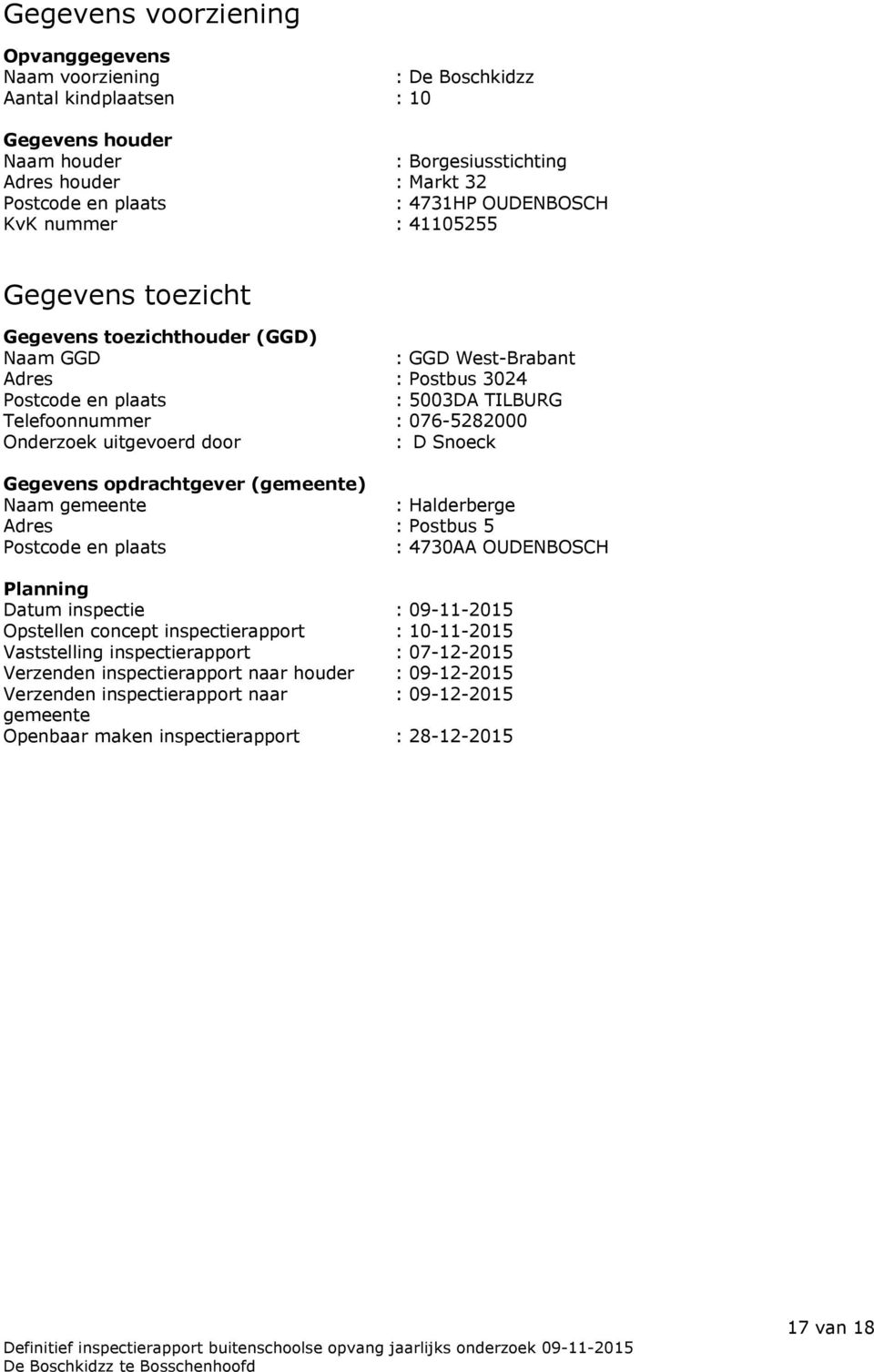 Onderzoek uitgevoerd door : D Snoeck Gegevens opdrachtgever (gemeente) Naam gemeente : Halderberge Adres : Postbus 5 Postcode en plaats : 4730AA OUDENBOSCH Planning Datum inspectie : 09-11-2015