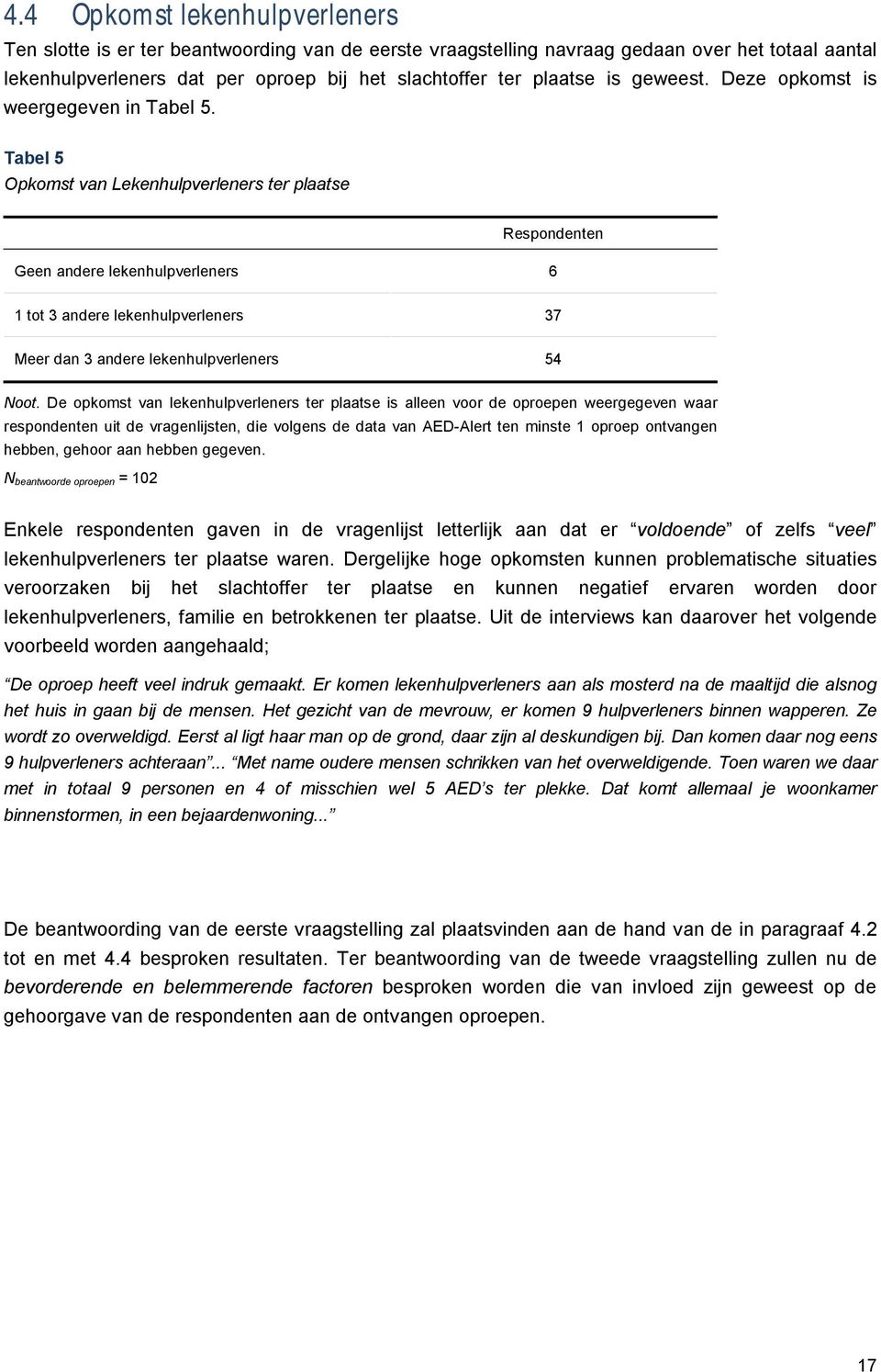 Tabel 5 Opkomst van Lekenhulpverleners ter plaatse Respondenten Geen andere lekenhulpverleners 6 1 tot 3 andere lekenhulpverleners 37 Meer dan 3 andere lekenhulpverleners 54 Noot.