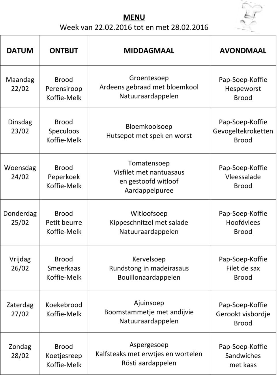 2016 DATUM ONTBIJT MIDDAGMAAL AVONDMAAL Maandag 22/02 Perensiroop Groentesoep Ardeens gebraad met bloemkool Natuuraardappelen Hespeworst Dinsdag 23/02 Speculoos Bloemkoolsoep Hutsepot met