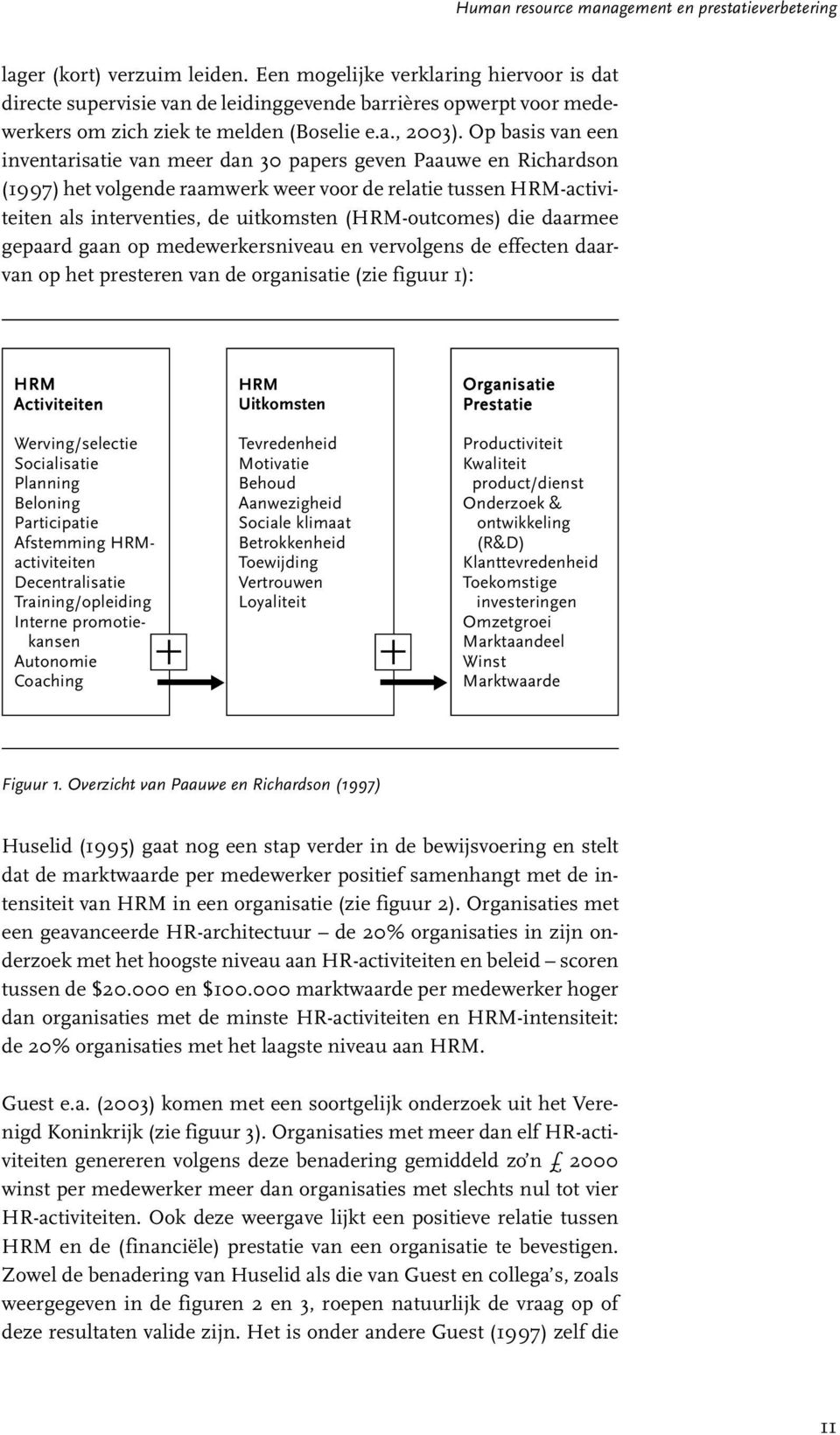 Op basis van een inventarisatie van meer dan 30 papers geven Paauwe en Richardson (1997) het volgende raamwerk weer voor de relatie tussen HRM-activiteiten als interventies, de uitkomsten