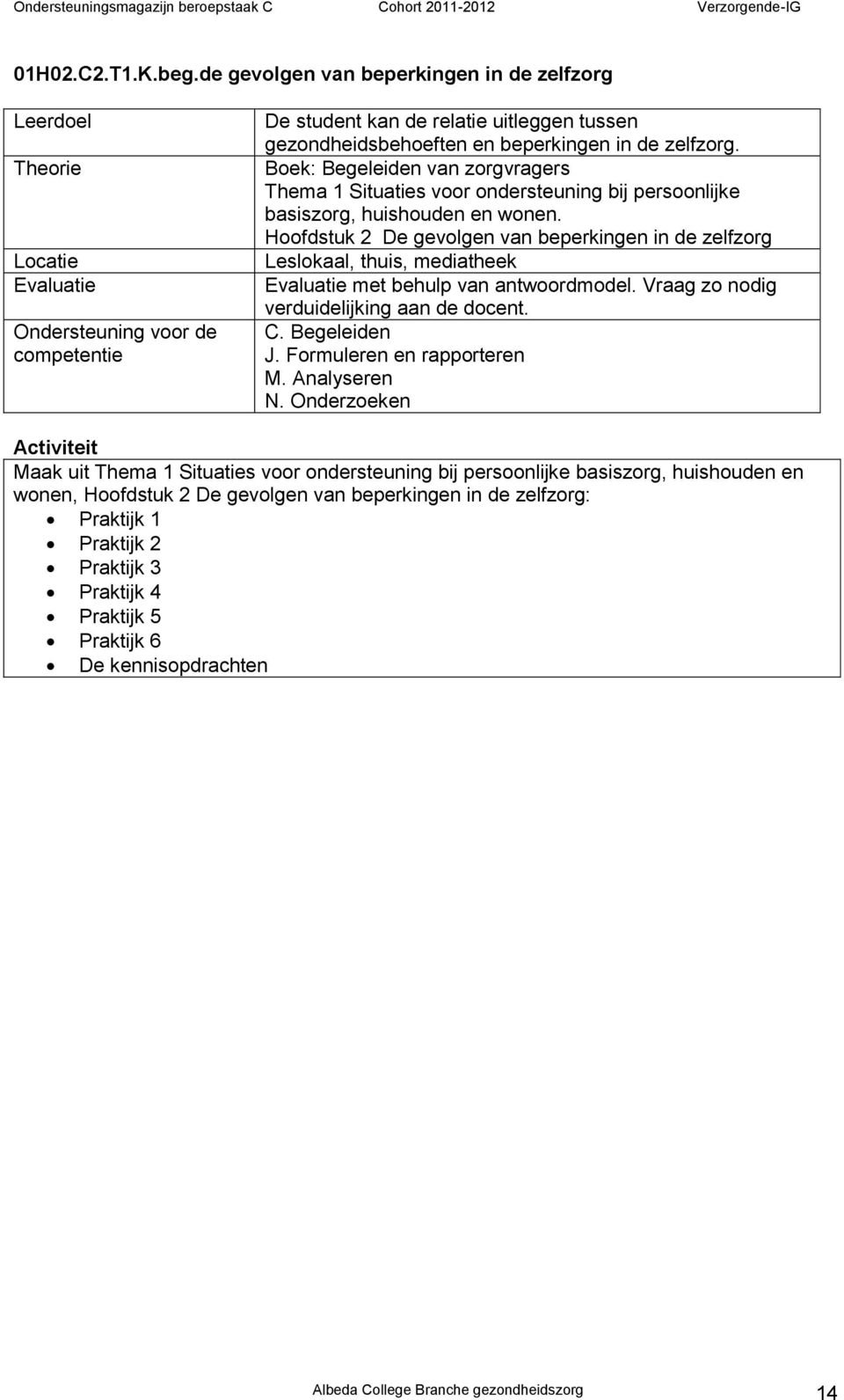 Hoofdstuk 2 De gevolgen van beperkingen in de zelfzorg Leslokaal, thuis, mediatheek met behulp van antwoordmodel. Vraag zo nodig verduidelijking aan de docent. C. Begeleiden J.