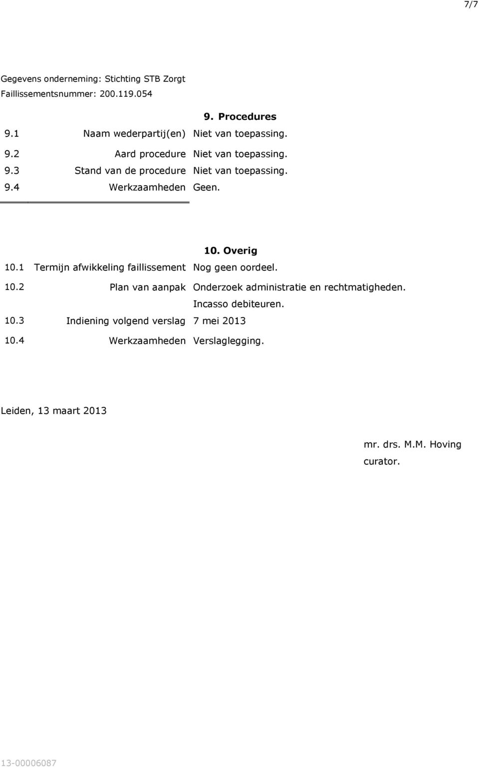 Incasso debiteuren. 10.3 Indiening volgend verslag 7 mei 2013 10.4 Werkzaamheden Verslaglegging.