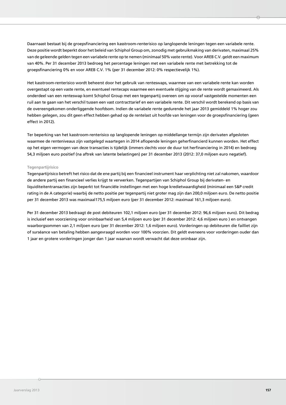 vaste rente). Voor AREB C.V. geldt een maximum van 40%. Per 31 december 2013 bedroeg het percentage leningen met een variabele rente met betrekking tot de groepsfinanciering 0% en voor AREB C.V. 1% (per 31 december 2012: 0% respectievelijk 1%).