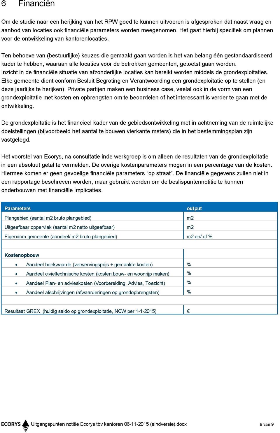 Ten behoeve van (bestuurlijke) keuzes die gemaakt gaan worden is het van belang één gestandaardiseerd kader te hebben, waaraan alle locaties voor de betrokken gemeenten, getoetst gaan worden.