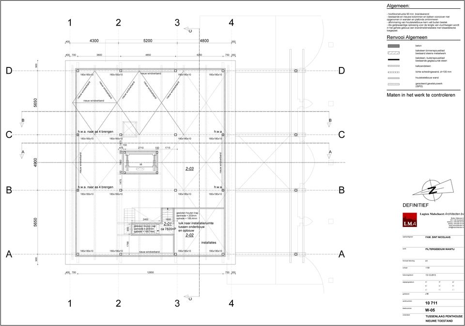 7820+P 2-03 gesloten houten trap aantrede = 203mm optrede = 189,4mm luik naar installatieruimte tussen onderbouw en opbouw 2-02 installaties geisoleerd gevelstuc Maten in