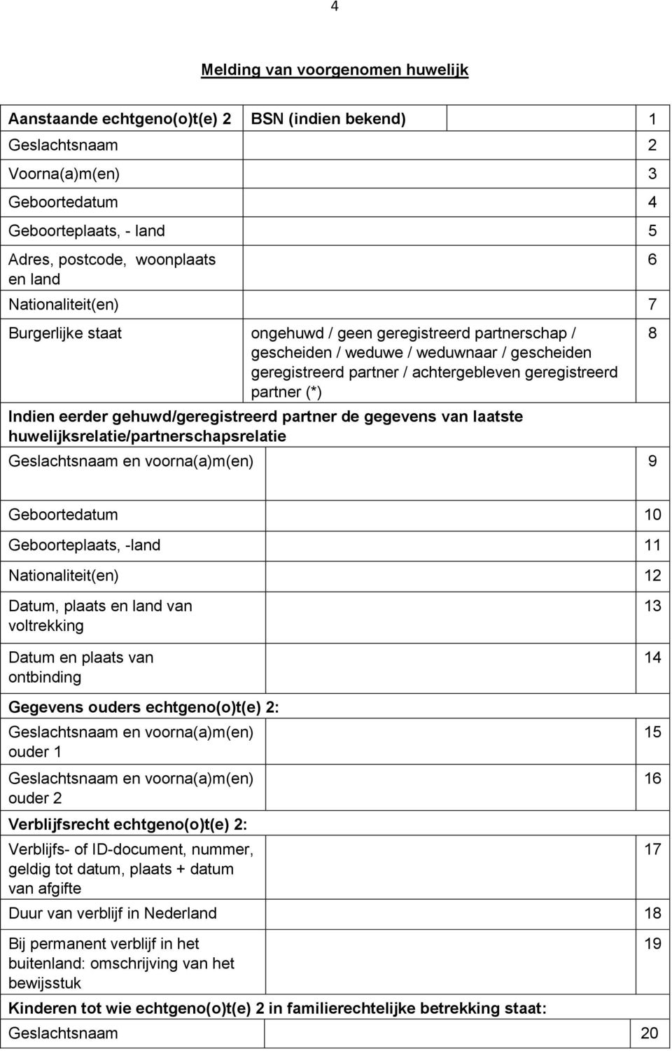 eerder gehuwd/geregistreerd partner de gegevens van laatste huwelijksrelatie/partnerschapsrelatie Geslachtsnaam en voorna(a)m(en) 9 6 8 Geboortedatum 10 Geboorteplaats, -land 11 Nationaliteit(en) 12