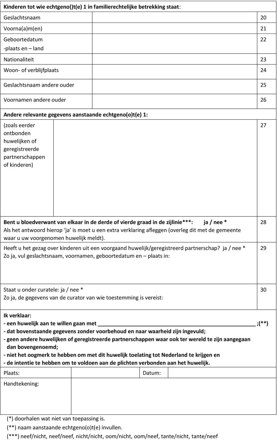 elkaar in de derde of vierde graad in de zijlinie***: ja / nee * Als het antwoord hierop ja is moet u een extra verklaring afleggen (overleg dit met de gemeente waar u uw voorgenomen huwelijk meldt).