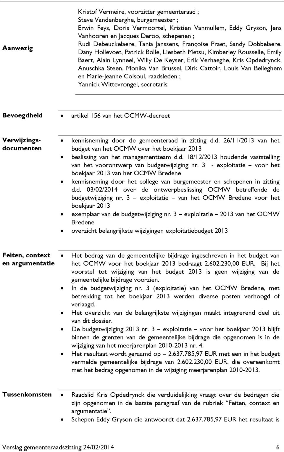 3 - exploitatie voor het boekjaar 2013 van het OCMW Bredene kennisneming door het college van burgemeester en schepenen in zitting d.d. 03/02/2014 over de ontwerpbeslissing OCMW betreffende de budgetwijziging nr.