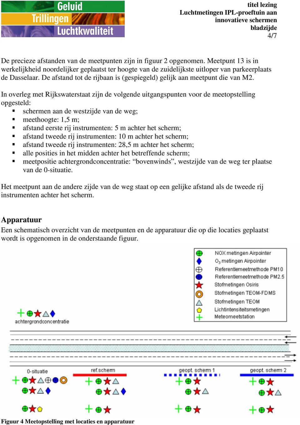 In overleg met Rijkswaterstaat zijn de volgende uitgangspunten voor de meetopstelling opgesteld: schermen aan de westzijde van de weg; meethoogte: 1,5 m; afstand eerste rij instrumenten: 5 m achter