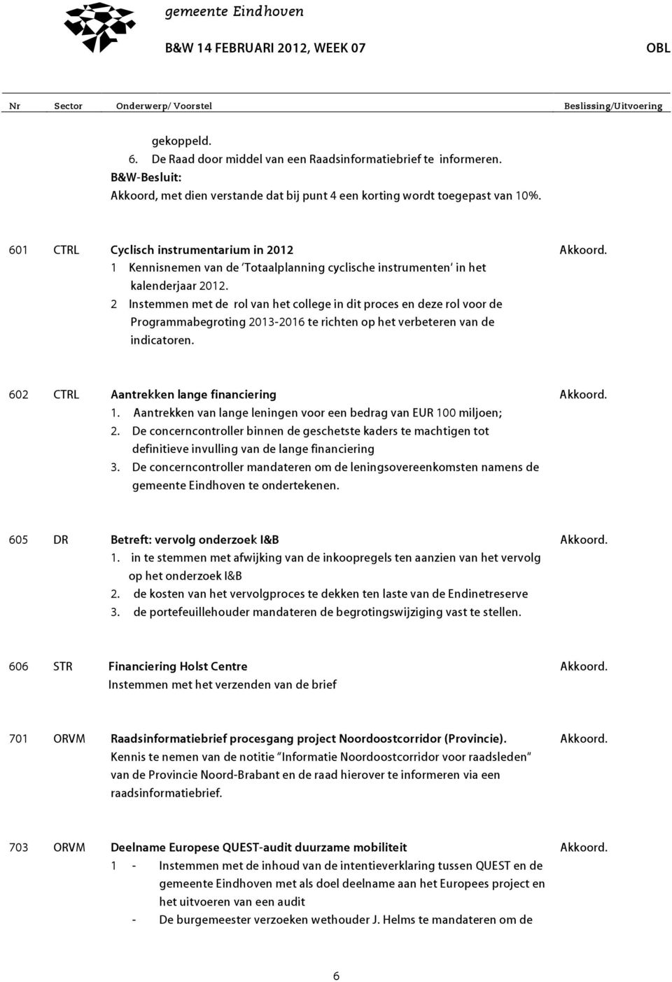 2 Instemmen met de rol van het college in dit proces en deze rol voor de Programmabegroting 2013-2016 te richten op het verbeteren van de indicatoren. 602 CTRL Aantrekken lange financiering 1.