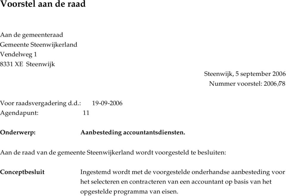 Aan de raad van de gemeente Steenwijkerland wordt voorgesteld te besluiten: Conceptbesluit Ingestemd wordt met de