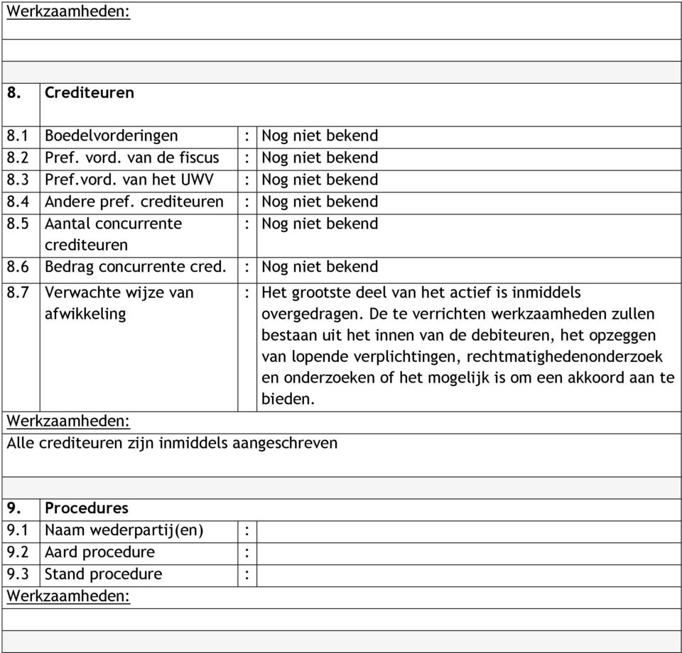 De te verrichten werkzaamheden zullen bestaan uit het innen van de debiteuren, het opzeggen van lopende verplichtingen, rechtmatighedenonderzoek en onderzoeken of het mogelijk is om