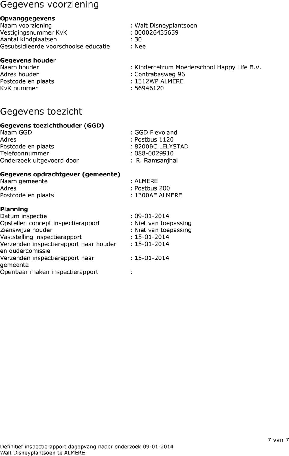 Adres houder : Contrabasweg 96 Postcode en plaats : 1312WP ALMERE KvK nummer : 56946120 Gegevens toezicht Gegevens toezichthouder (GGD) Naam GGD : GGD Flevoland Adres : Postbus 1120 Postcode en