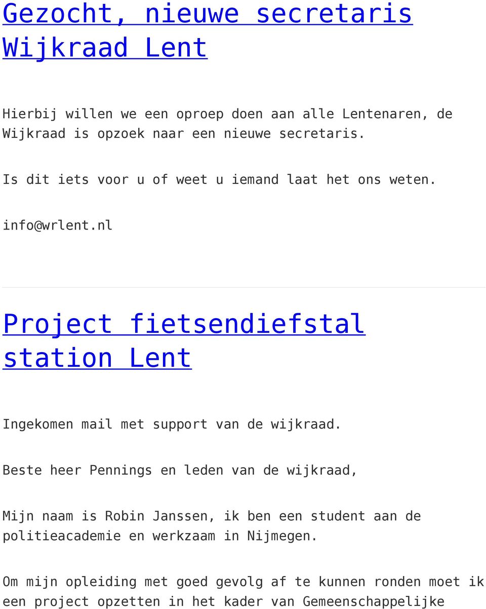 nl Project fietsendiefstal station Lent Ingekomen mail met support van de wijkraad.