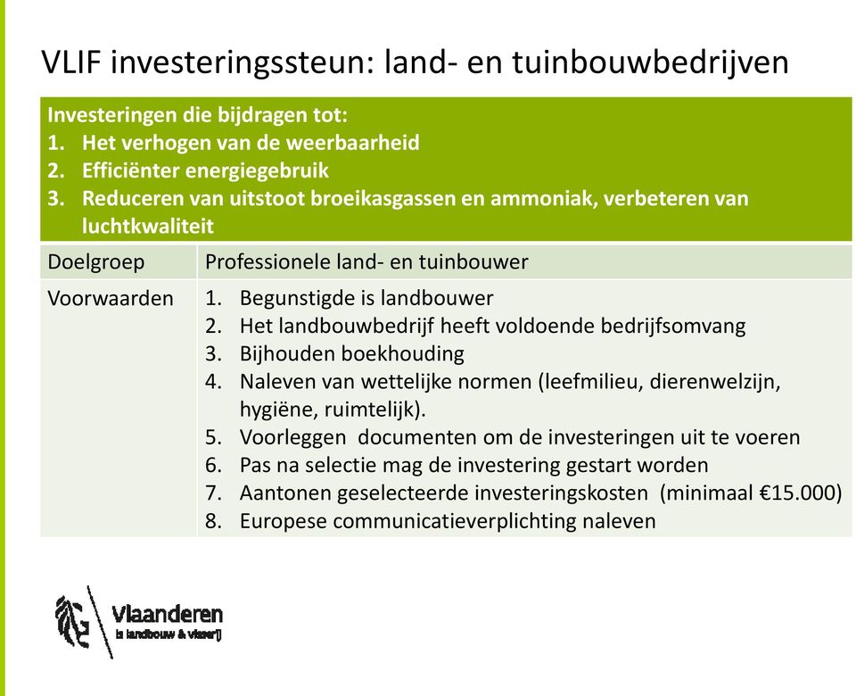 Het landbouwbedrijf heeft voldoende bedrijfsomvang 3. Bijhouden boekhouding 4. Naleven van wettelijke normen (leefmilieu, dierenwelzijn, hygiëne, ruimtelijk). 5.