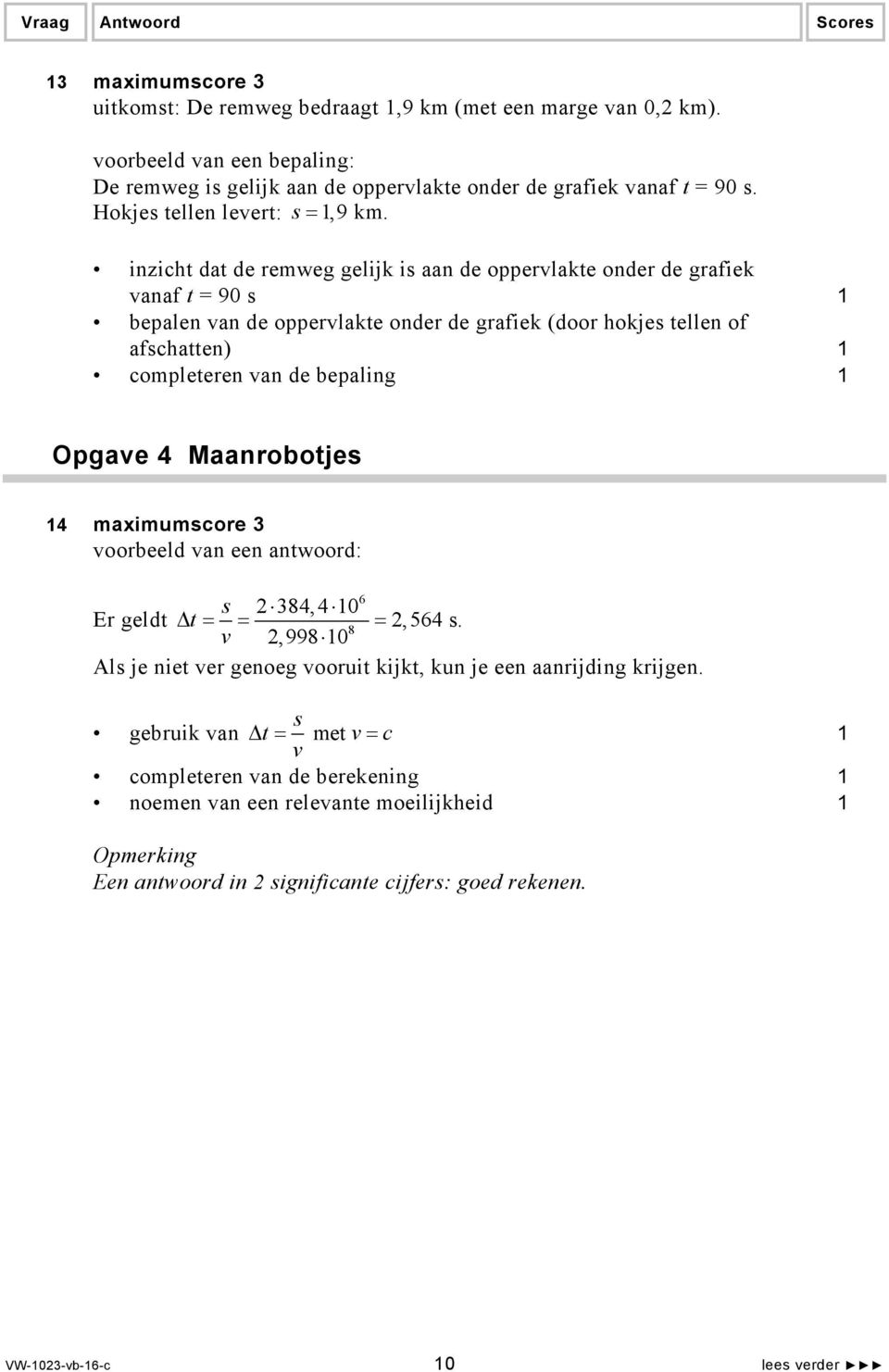 inzicht dat de remweg gelijk is aan de oppervlakte onder de grafiek vanaf t = 90 s bepalen van de oppervlakte onder de grafiek (door hokjes tellen of afschatten) completeren van de