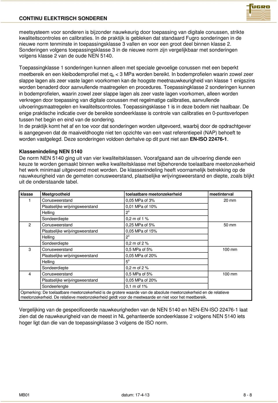 Sonderingen volgens toepassingsklasse in de nieuwe norm zijn vergelijkbaar met sonderingen volgens klasse van de oude NEN 5140.