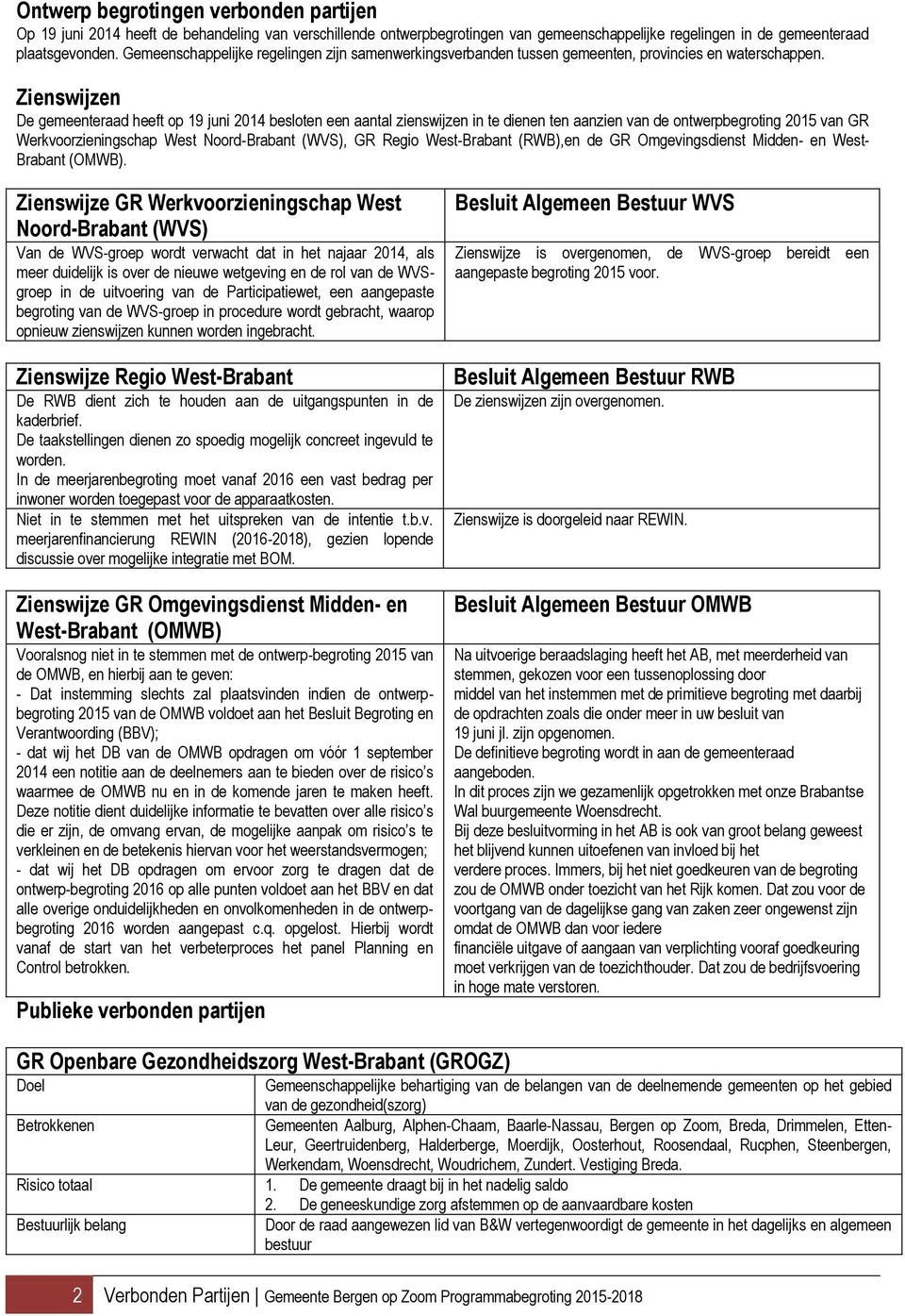 Zienswijzen De gemeenteraad heeft op 19 juni 2014 besloten een aantal zienswijzen in te dienen ten aanzien van de ontwerpbegroting 2015 van GR Werkvoorzieningschap West Noord-Brabant (WVS), GR Regio