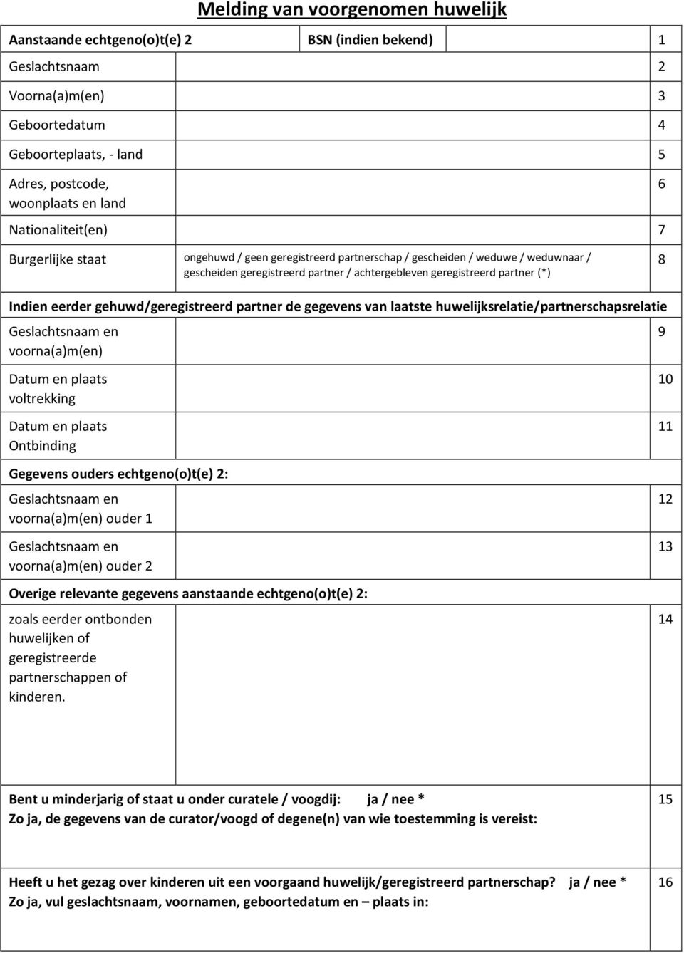 huwelijksrelatie/partnerschapsrelatie voltrekking Ontbinding Gegevens ouders echtgeno(o)t(e) 2: ouder 1 ouder 2 Overige relevante gegevens aanstaande echtgeno(o)t(e) 2: zoals eerder ontbonden