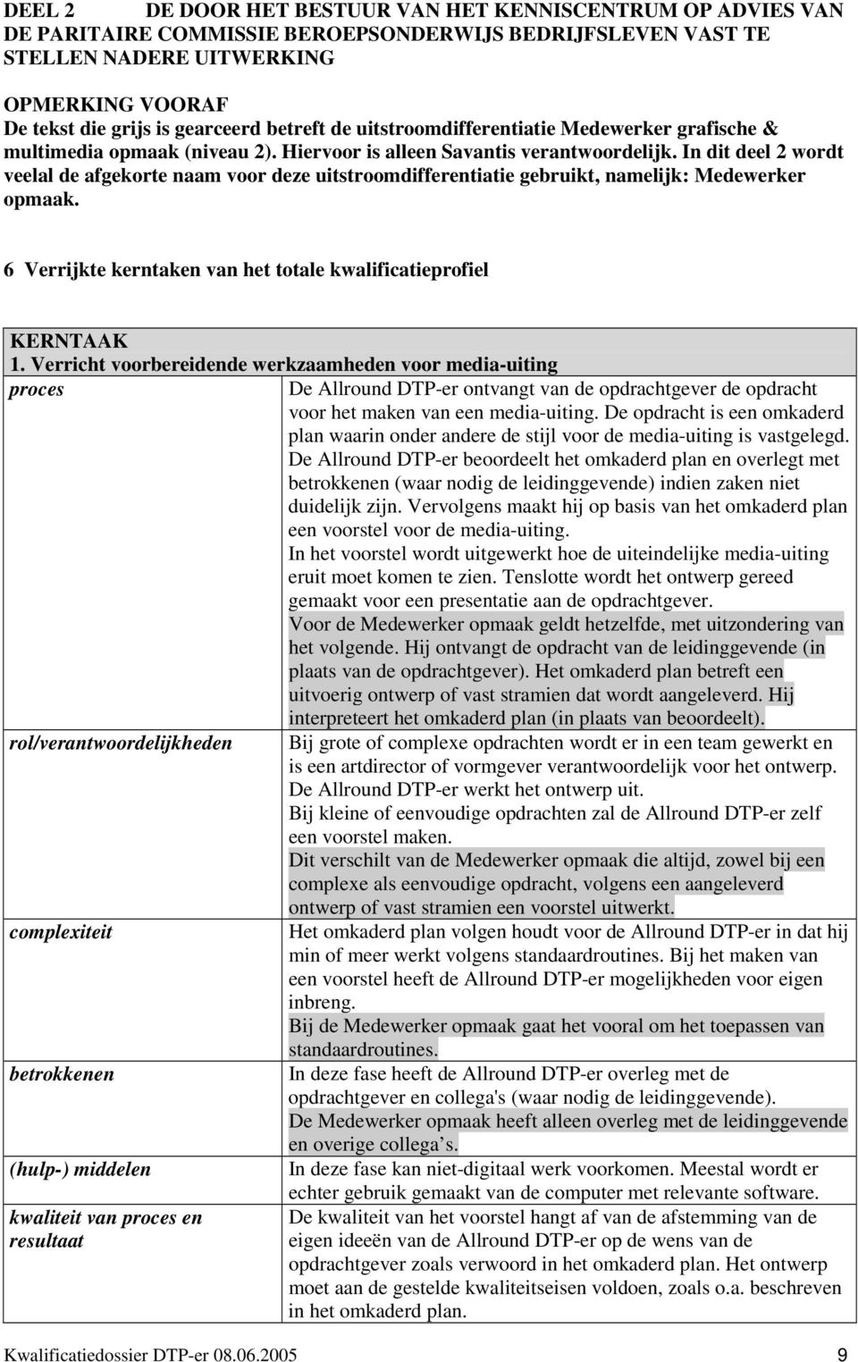 In dit deel 2 wordt veelal de afgekorte naam voor deze uitstroomdifferentiatie gebruikt, namelijk: Medewerker opmaak. 6 Verrijkte kerntaken van het totale kwalificatieprofiel KERNTAAK 1.