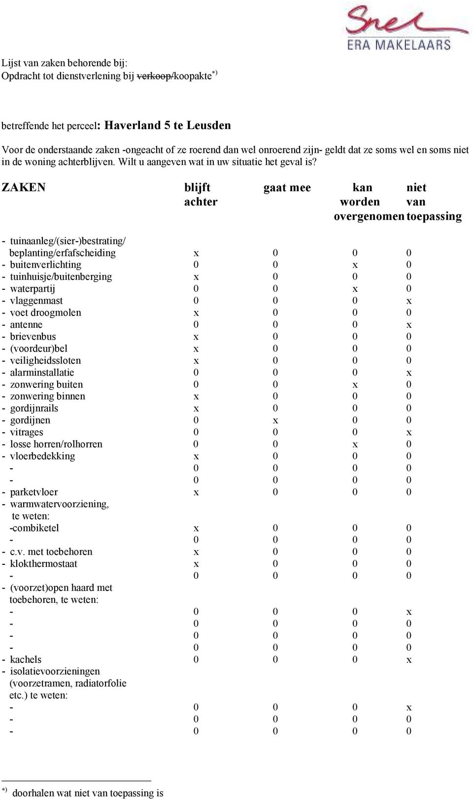 ZAKEN blijft gaat mee kan niet achter worden van overgenomen toepassing - tuinaanleg/(sier-)bestrating/ beplanting/erfafscheiding x 0 0 0 - buitenverlichting 0 0 x 0 - tuinhuisje/buitenberging x 0 0