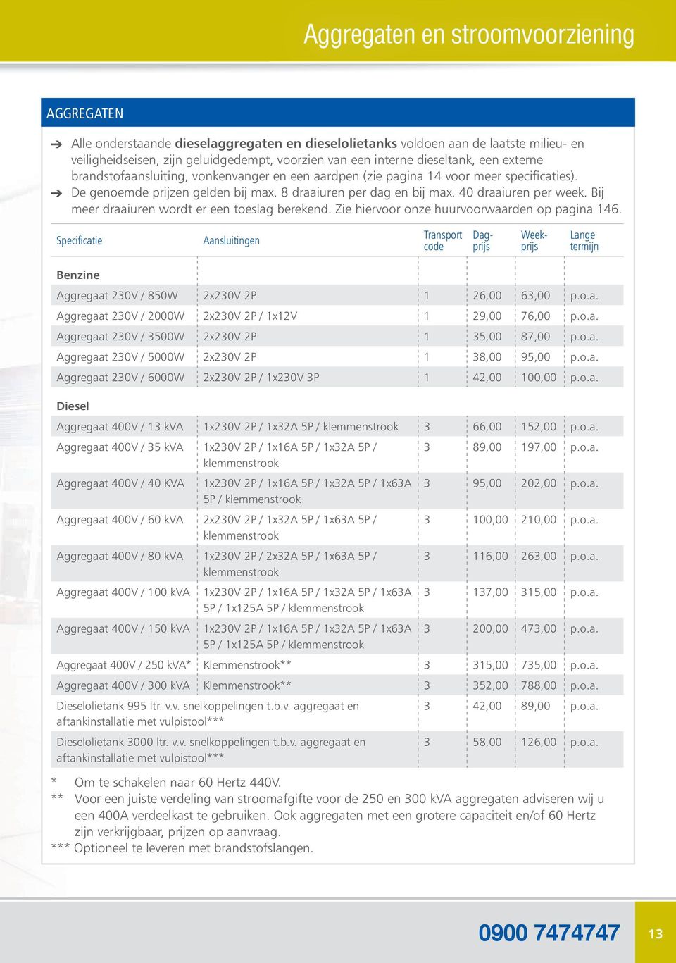 40 draaiuren per week. Bij meer draaiuren wordt er een toeslag berekend. Zie hiervoor onze huurvoorwaarden op pagina 146.