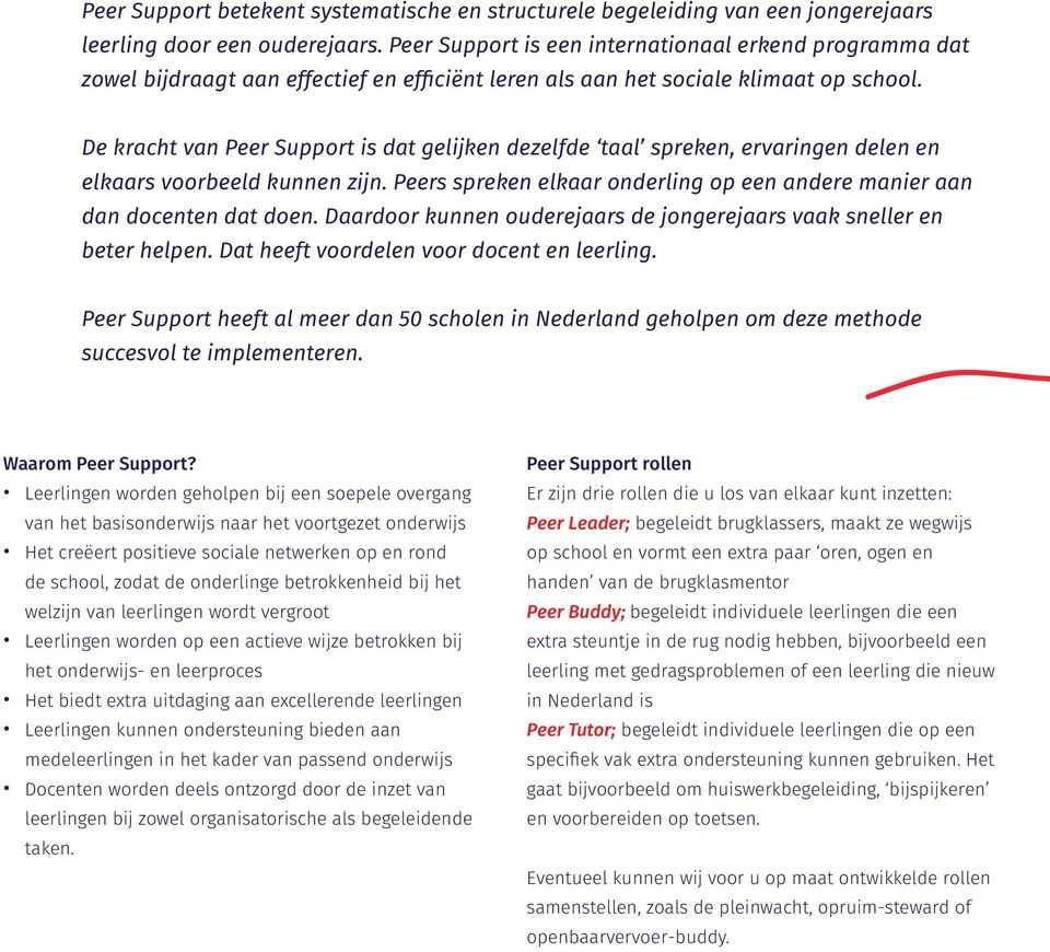 De kracht van Peer Support is dat gelijken dezelfde taal spreken, ervaringen delen en elkaars voorbeeld kunnen zijn. Peers spreken elkaar onderling op een andere manier aan dan docenten dat doen.