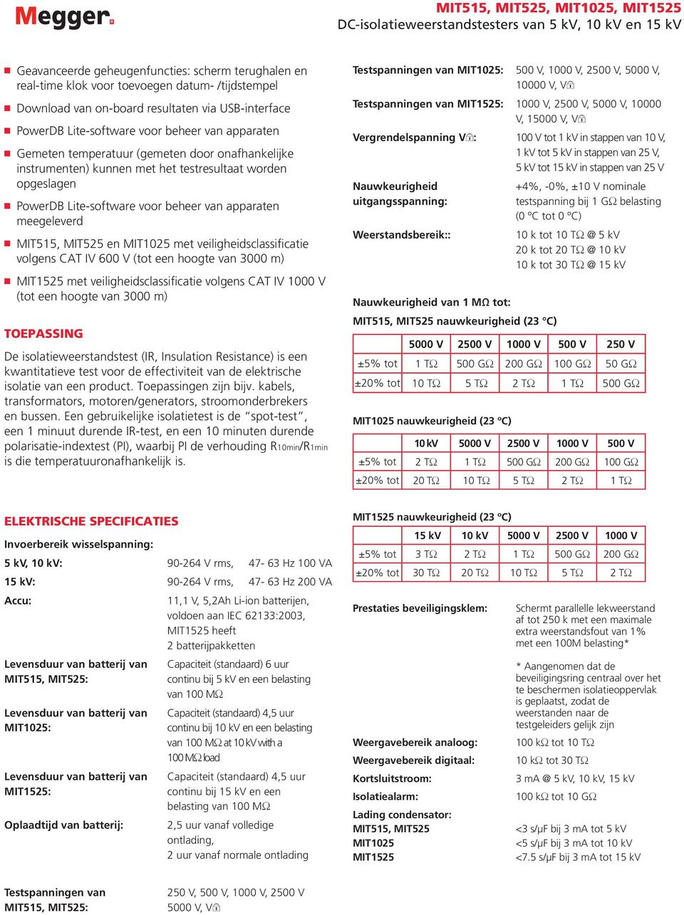 MIT515, MIT525 en MIT1025 met veiligheidsclassificatie volgens CAT IV 600 V (tot een hoogte van 3000 m) met veiligheidsclassificatie volgens CAT IV 1000 V (tot een hoogte van 3000 m) TOEPASSING De