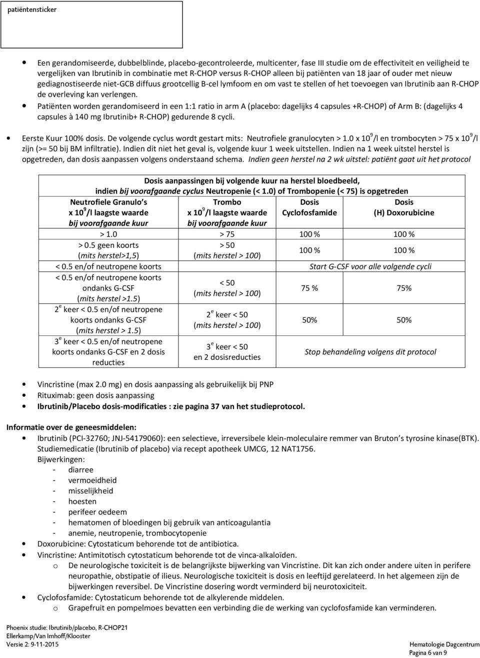 Patiënten worden gerandomiseerd in een 1:1 ratio in arm A (placebo: dagelijks 4 capsules +R-CHOP) of Arm B: (dagelijks 4 capsules à 140 Ibrutinib+ R-CHOP) gedurende 8 cycli. Eerste Kuur 100% dosis.