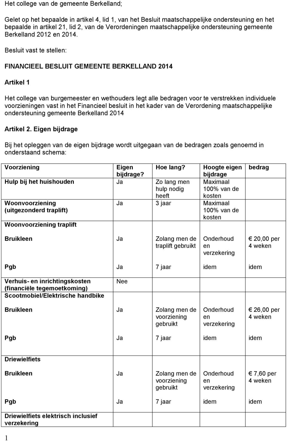 Besluit vast te stell: FINANCIEEL BESLUIT GEMEENTE BERKELLAND 2014 Artikel 1 Het college van burgemeester wethouders legt alle bedrag voor te verstrekk individuele voorziing vast in het Financieel