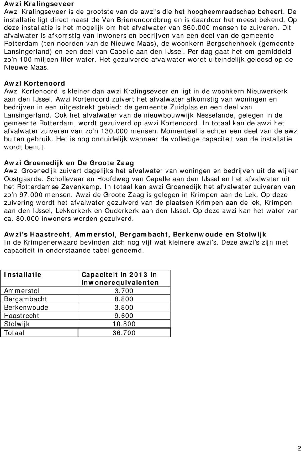 Dit afvalwater is afkomstig van inwoners en bedrijven van een deel van de gemeente Rotterdam (ten noorden van de Nieuwe Maas), de woonkern Bergschenhoek (gemeente Lansingerland) en een deel van