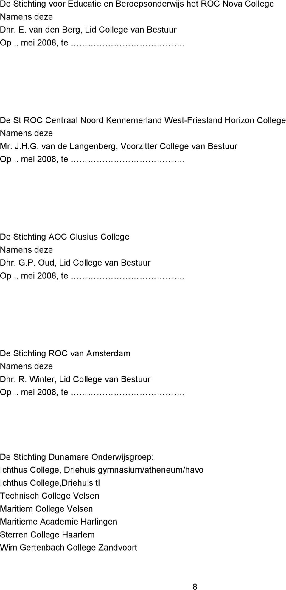 De Stichting AOC Clusius College Namens deze Dhr. G.P. Oud, Lid College van Bestuur Op. mei 2008, te. De Stichting ROC van Amsterdam Namens deze Dhr. R. Winter, Lid College van Bestuur Op.