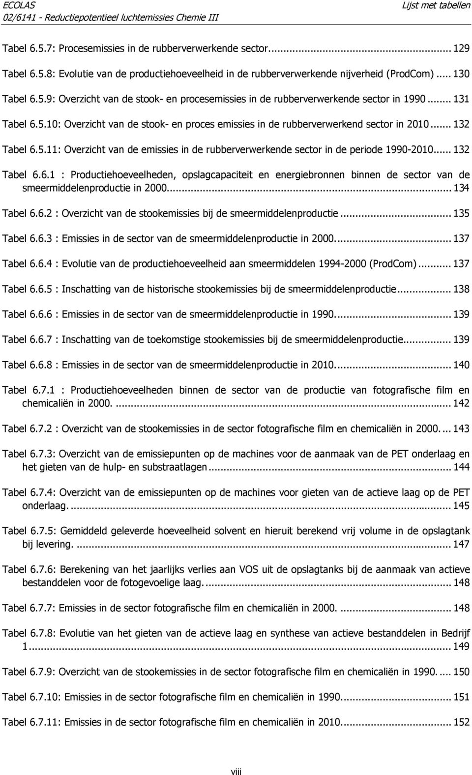 .. 132 Tabel 6.6.1 : Productiehoeveelheden, opslagcapaciteit en energiebronnen binnen de sector van de smeermiddelenproductie in 2000... 134 Tabel 6.6.2 : Overzicht van de stookemissies bij de smeermiddelenproductie.