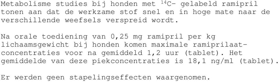 Na orale toediening van 0,25 mg ramipril per kg lichaamsgewicht bij honden komen maximale