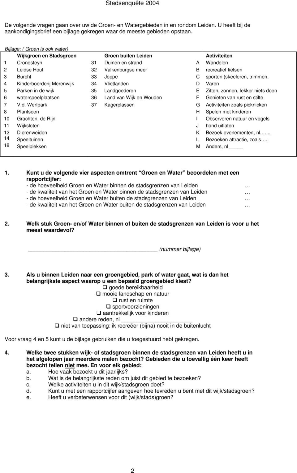 Joppe C sporten (skeeleren, trimmen, 4 Kinderboerderij Merenwijk 34 Vlietlanden D Varen 5 Parken in de wijk 35 Landgoederen E Zitten, zonnen, lekker niets doen 6 waterspeelplaatsen 36 Land van Wijk