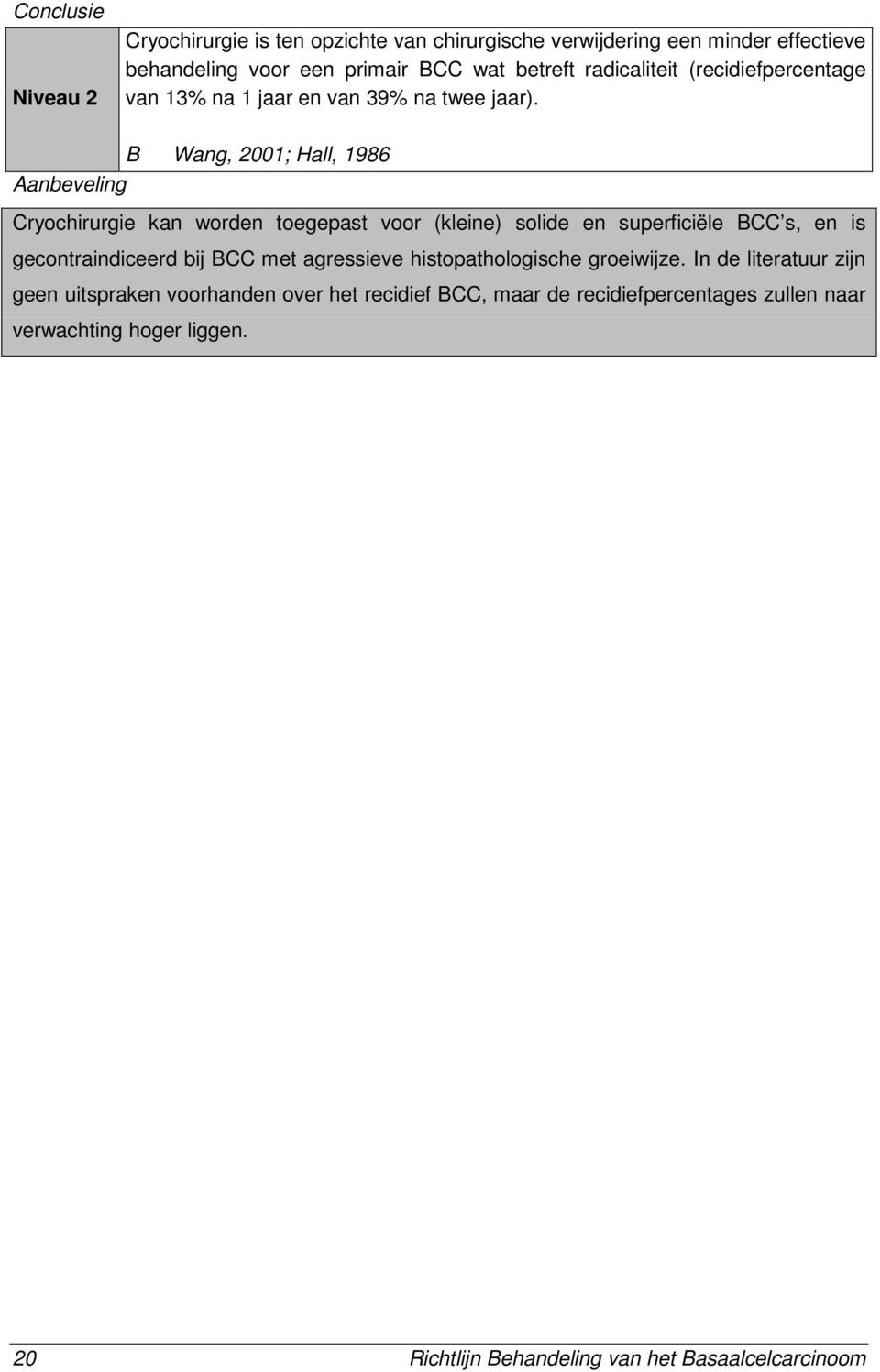 B Wang, 2001; Hall, 1986 Aanbeveling Cryochirurgie kan worden toegepast voor (kleine) solide en superficiële BCC s, en is gecontraindiceerd bij BCC met