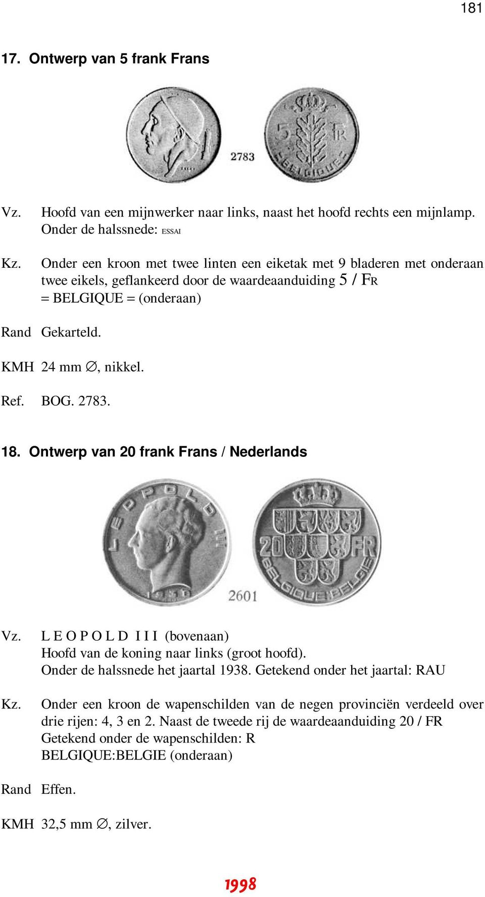 24 mm, nikkel. Ref. BOG. 2783. 18. Ontwerp van 20 frank Frans / Nederlands L E O P O L D I I I (bovenaan) Hoofd van de koning naar links (groot hoofd).