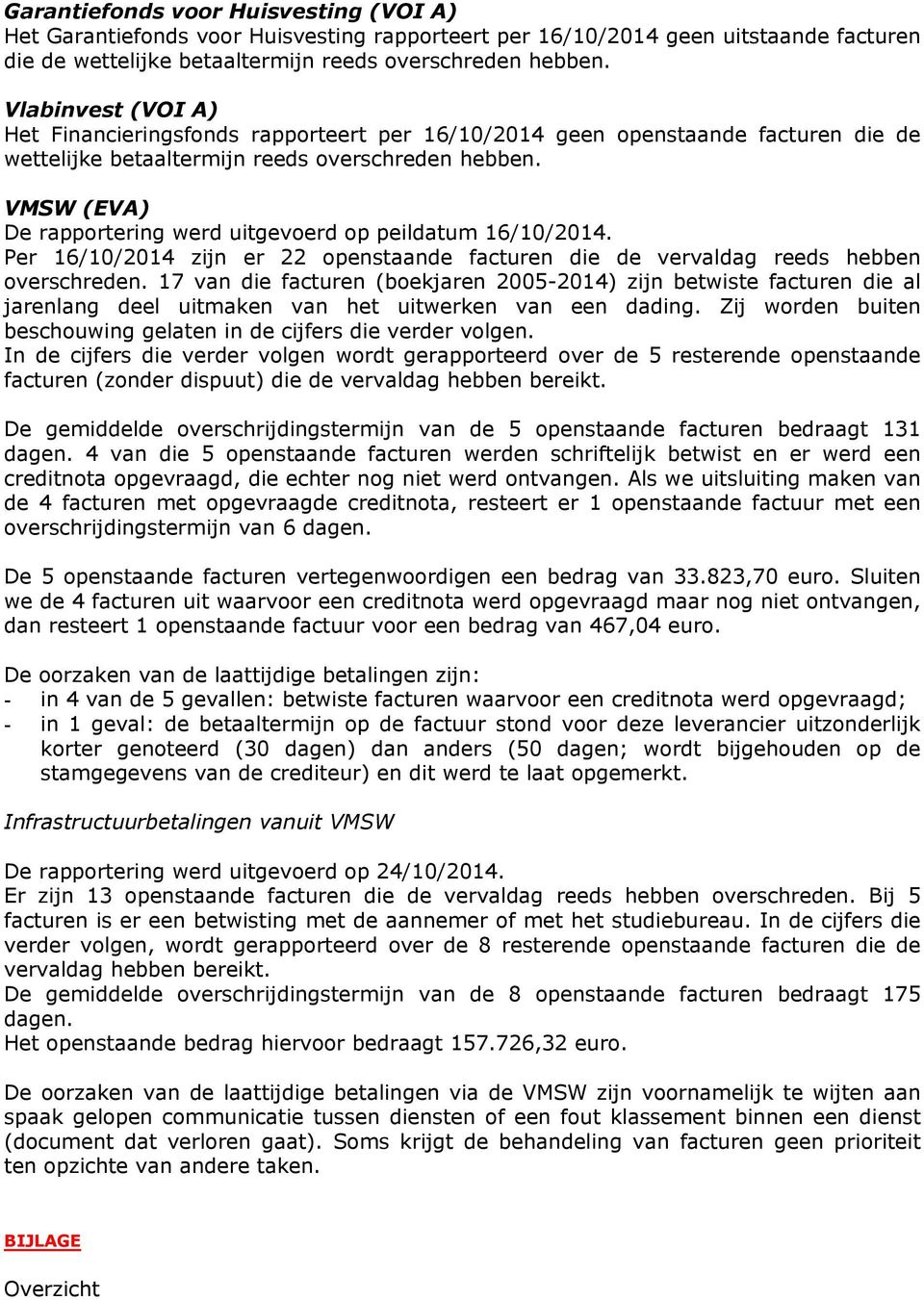 VMSW (EVA) De rapportering werd uitgevoerd op peildatum 16/10/2014. Per 16/10/2014 zijn er 22 openstaande facturen die de vervaldag reeds hebben overschreden.